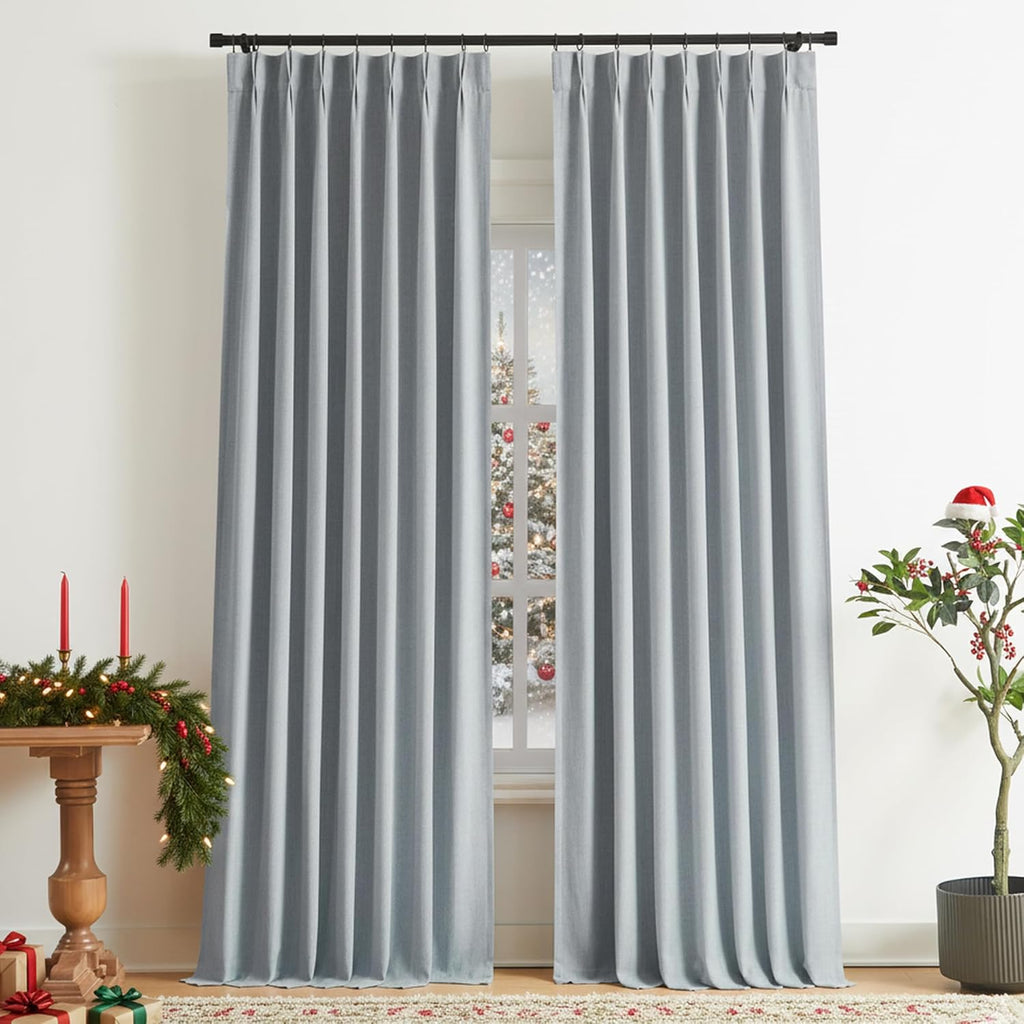 VisionHome Vision Home Blue Gray Pinch Pleated Full Blackout Curtains Linen Blended Room Darkening Window Curtains 90 inch for Living Room…
