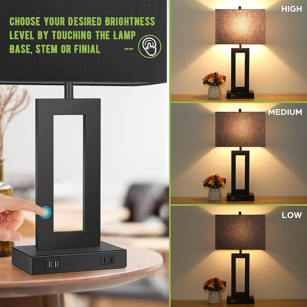 Tobusa Set of 2 Touch Control Table Lamps with 2 USB Ports&AC Outlet, 3-Way Dimmable Modern Nightstand Lamp Sets, Bedside Black Lamps for B…