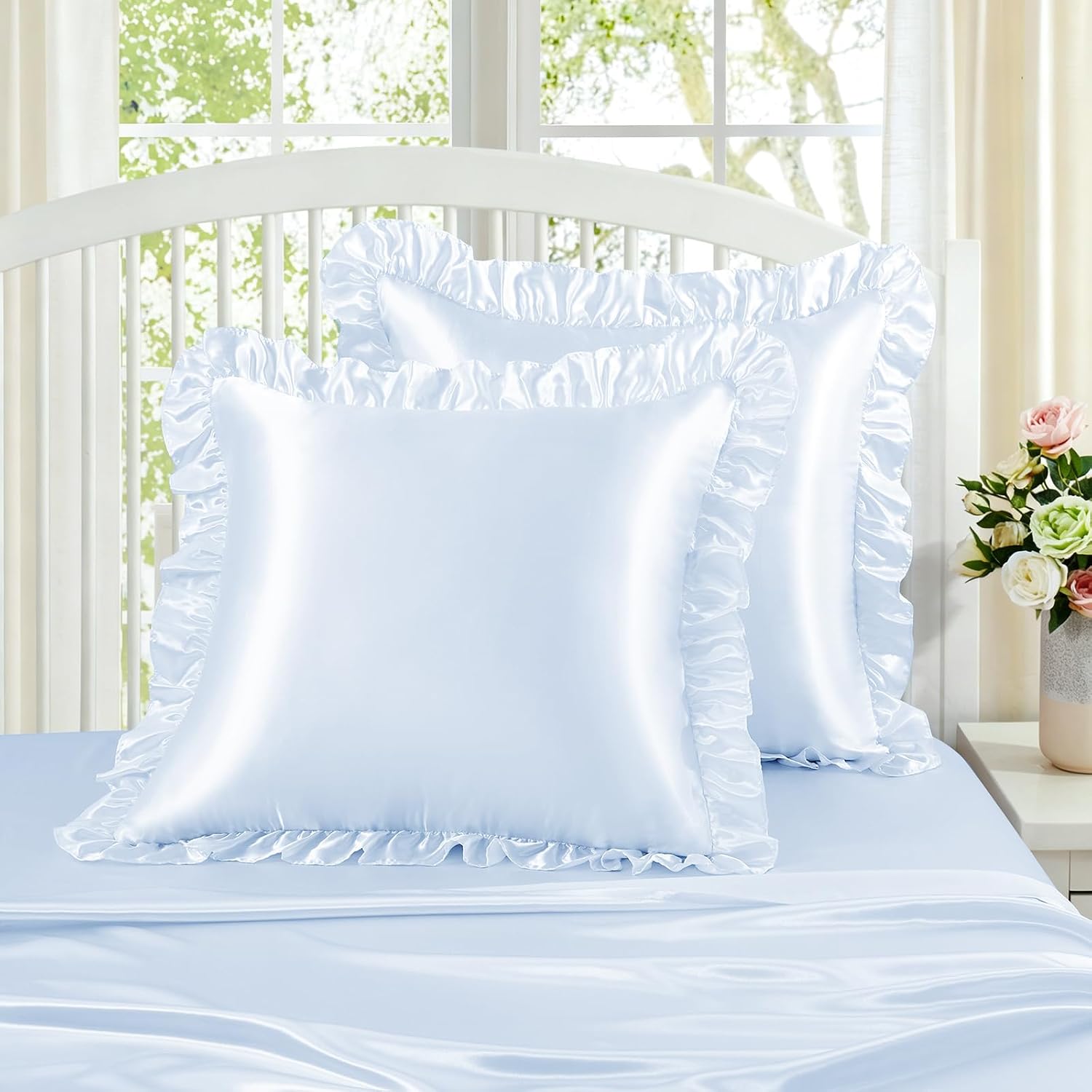 Homiest Ruffle Euro Sham Covers 26x26 Inch Set of 2, Baby Blue Satin Pillow Shams with 3 Inch Wide Decorative Ruffled, European Square…