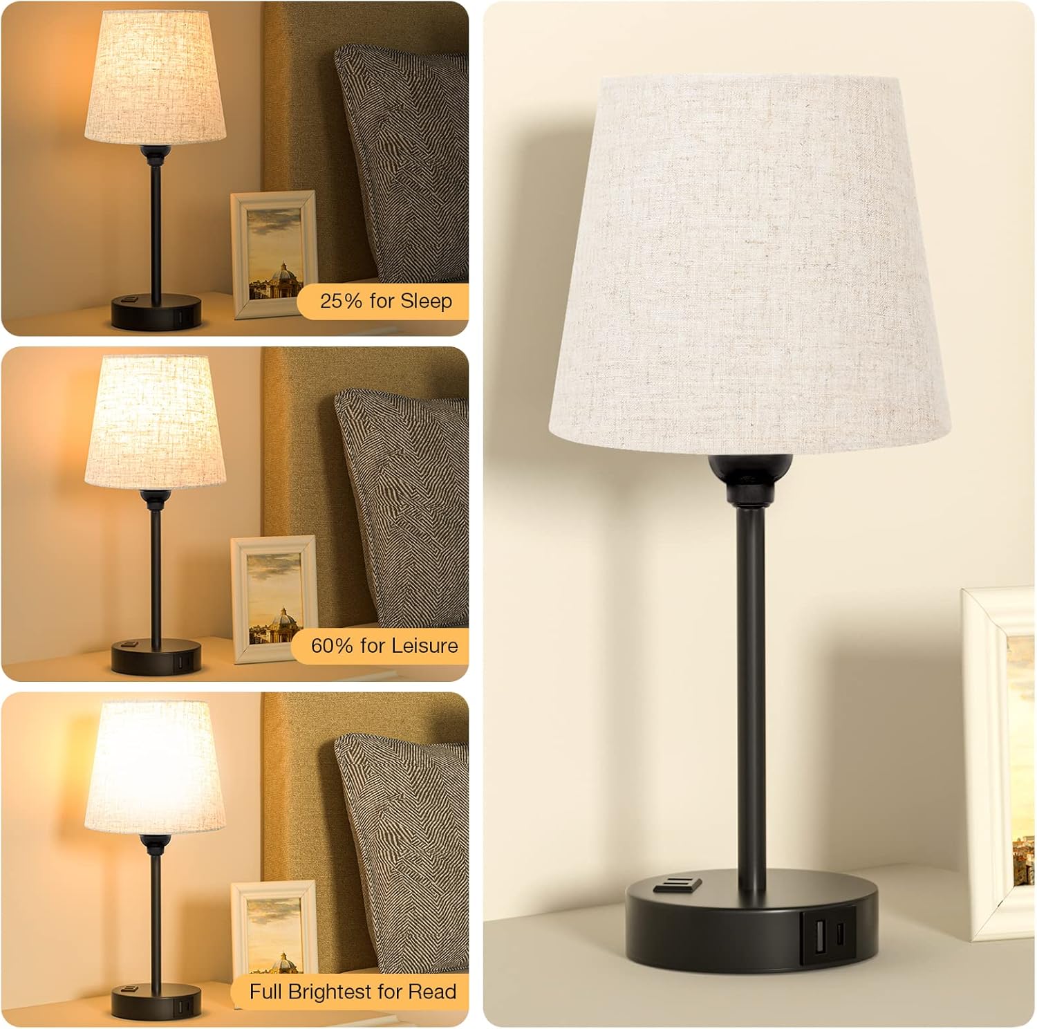 Mini Bedside Lamps for Bedrooms Set of 2 - Nightstand Bedroom Lamps with USB C Port and AC Outlet Charging, Dimmable Touch Small Bed Side…