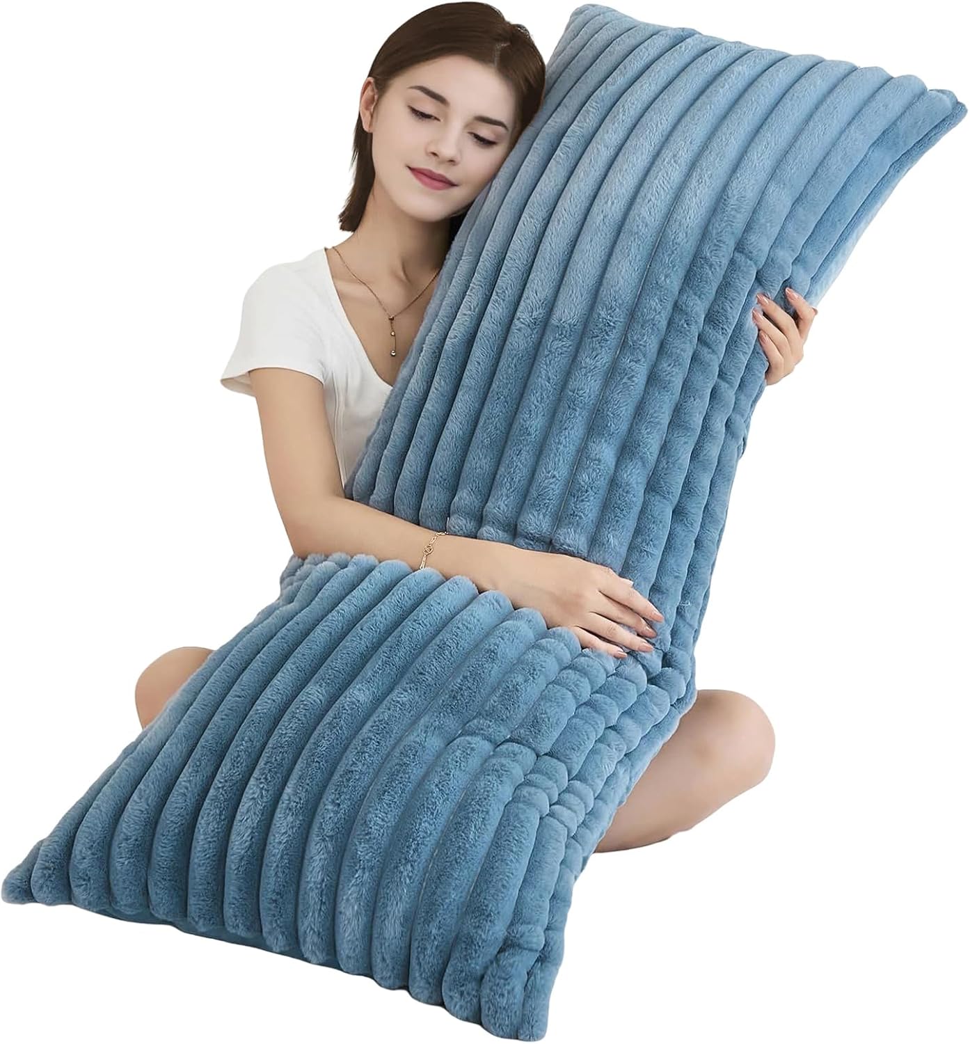 Memfydu Full Body Pillow with Fluffy Stripe Faux Fur Removable Cover, Long Bed Pillow Adult 20x54 Inches for Side Sleeper and Pregnancy, Du…