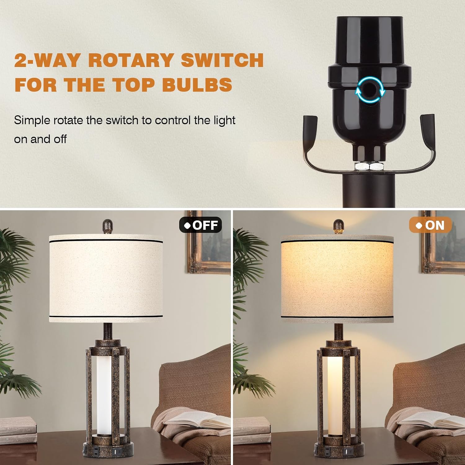 Farmhouse Industrial Lamp with USB A+C Charging Ports & AC Outlet, 26" Vintage Rustic Retro Table Lamp with Glass LED Night Light & Linen…