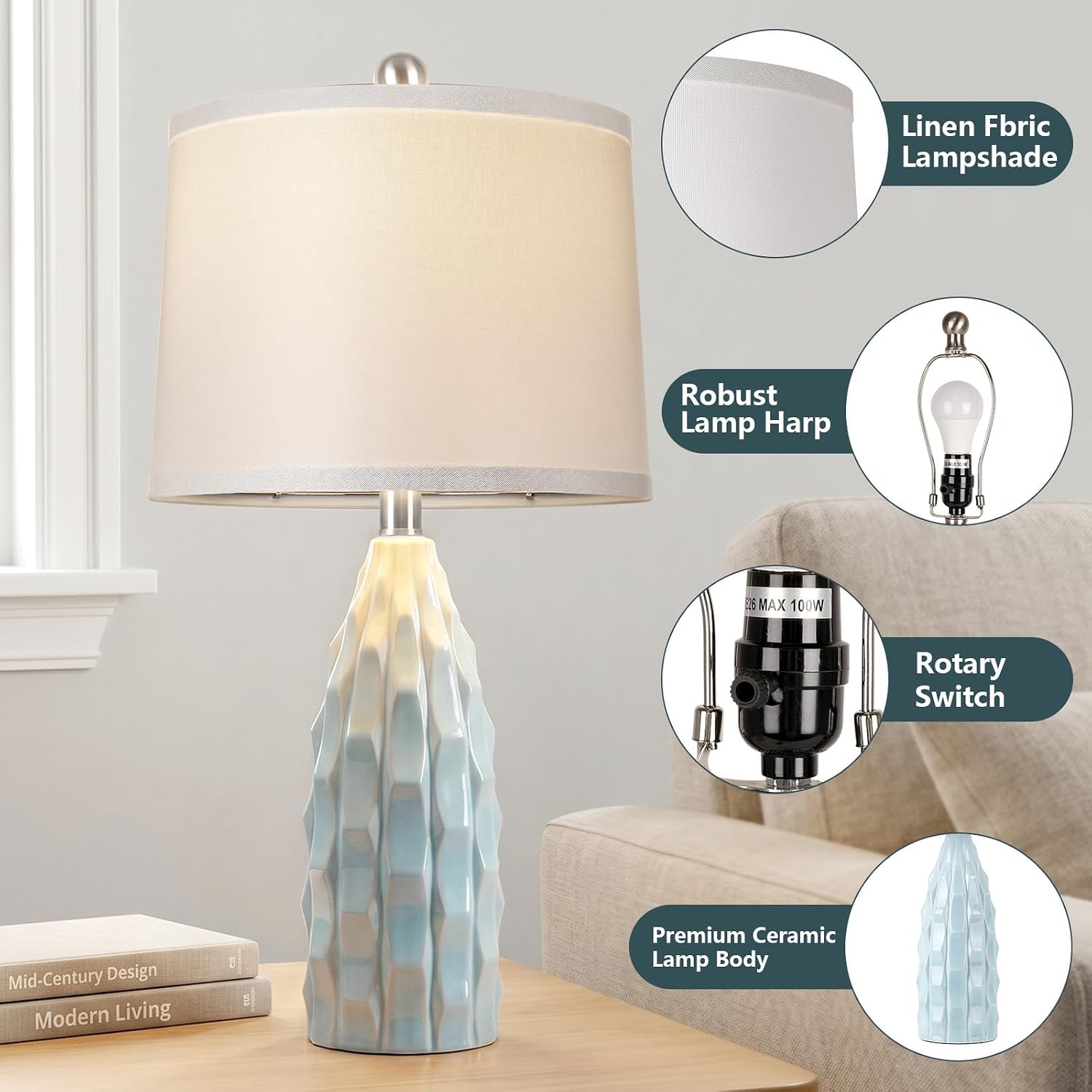 WIHTU Creamic Table lamp Set of 2, Modern 3 Color Temperature Beside Lamp for Living Room, 24" Farmhouse Nightstand Lamps with Linen…
