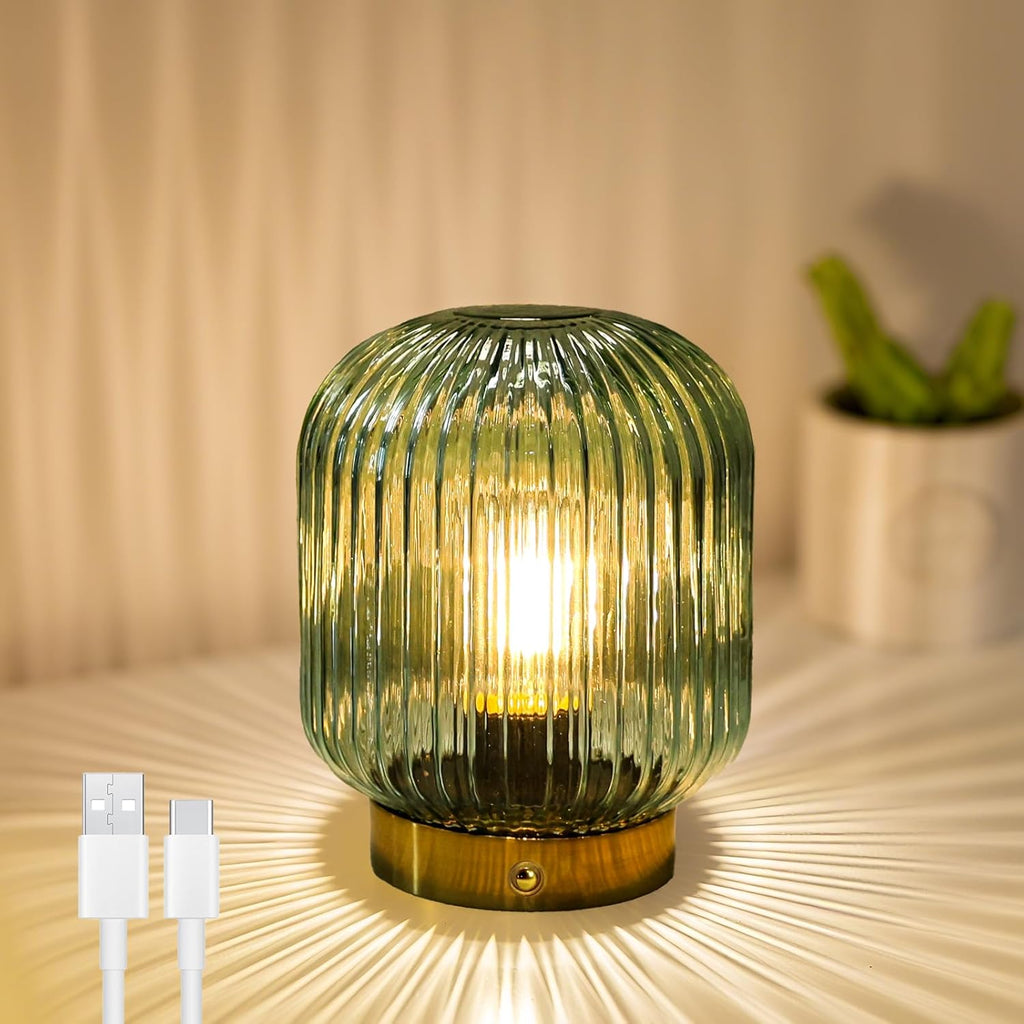 MJ PREMIER Rechargeable Table Lamp, Green Glass Lamp with Memory Function, Small Cordless LED Lamp with Dimmable Brightness, Decorative…