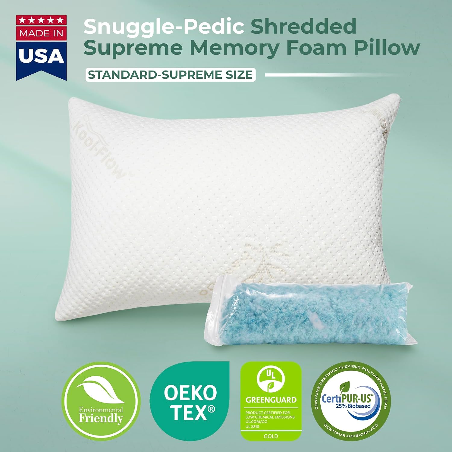 Snuggle-Pedic Adjustable Gel Cooling Pillow - Shredded Memory Foam Pillows for Side, Stomach & Back Sleepers - Keeps Shape - College Dorm…
