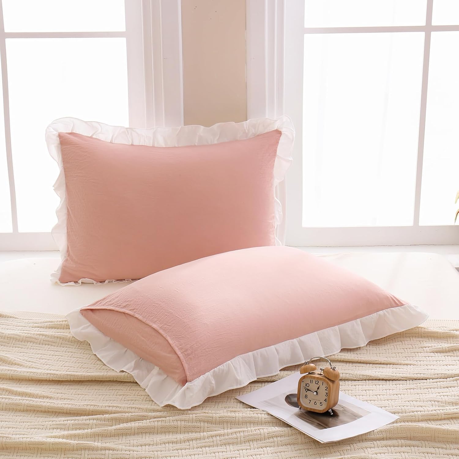 Merryword Pink Pillow Shams Standard Pillowcases 20x26inch Pink and White Reversible Cute Pillow Cover Set of 2 Soft Shabby Chic Ruffled Pi…