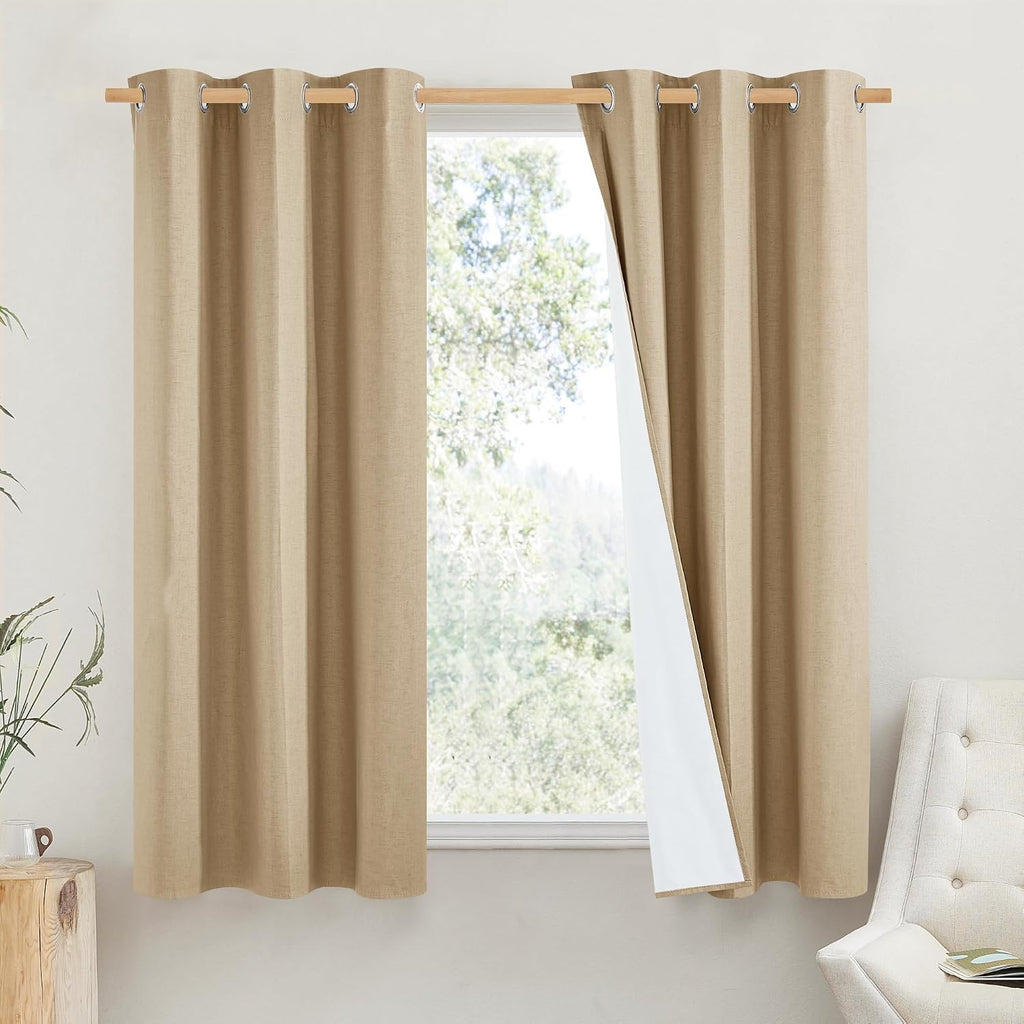 NICETOWN 100% Absolutely Blackout Linen Curtains with Thermal Insulated White Liner, Camel, 42" Wide by 63" Long, 2 Pieces, Linen Blend…