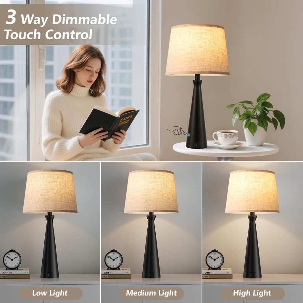 Seealle Modern Table Lamps Set of 2 - Touch Bedside Lamp for Nightstand with Dual USB C+A,3-Way Dimmable Nightstand Lamps for Living Room…
