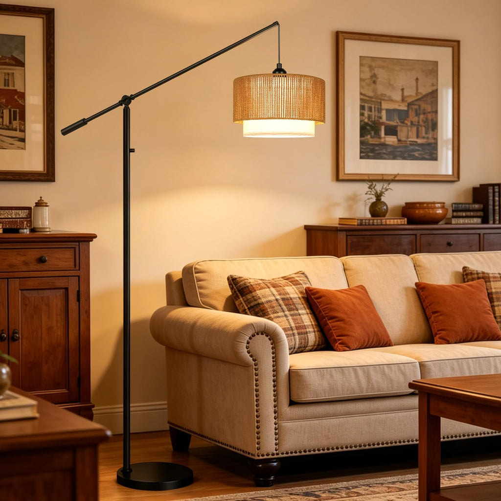 Upgraded】Boho Dimmable Floor Lamps with Adjustable Swing Arm, 1100 Lumens Bulb Included, Modern Arc Standing Lamp with Rattan & Fabric…