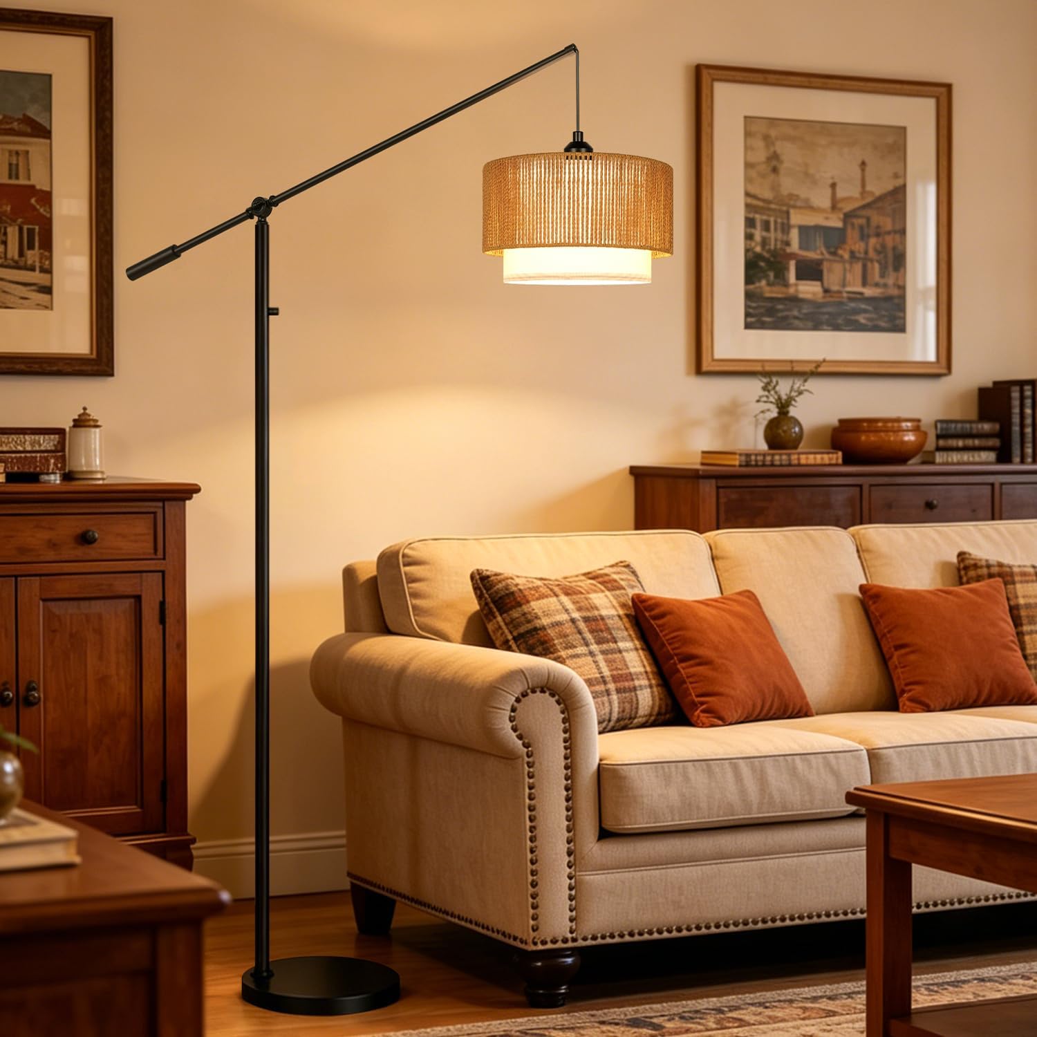 Upgraded】Boho Dimmable Floor Lamps with Adjustable Swing Arm, 1100 Lumens Bulb Included, Modern Arc Standing Lamp with Rattan & Fabric…