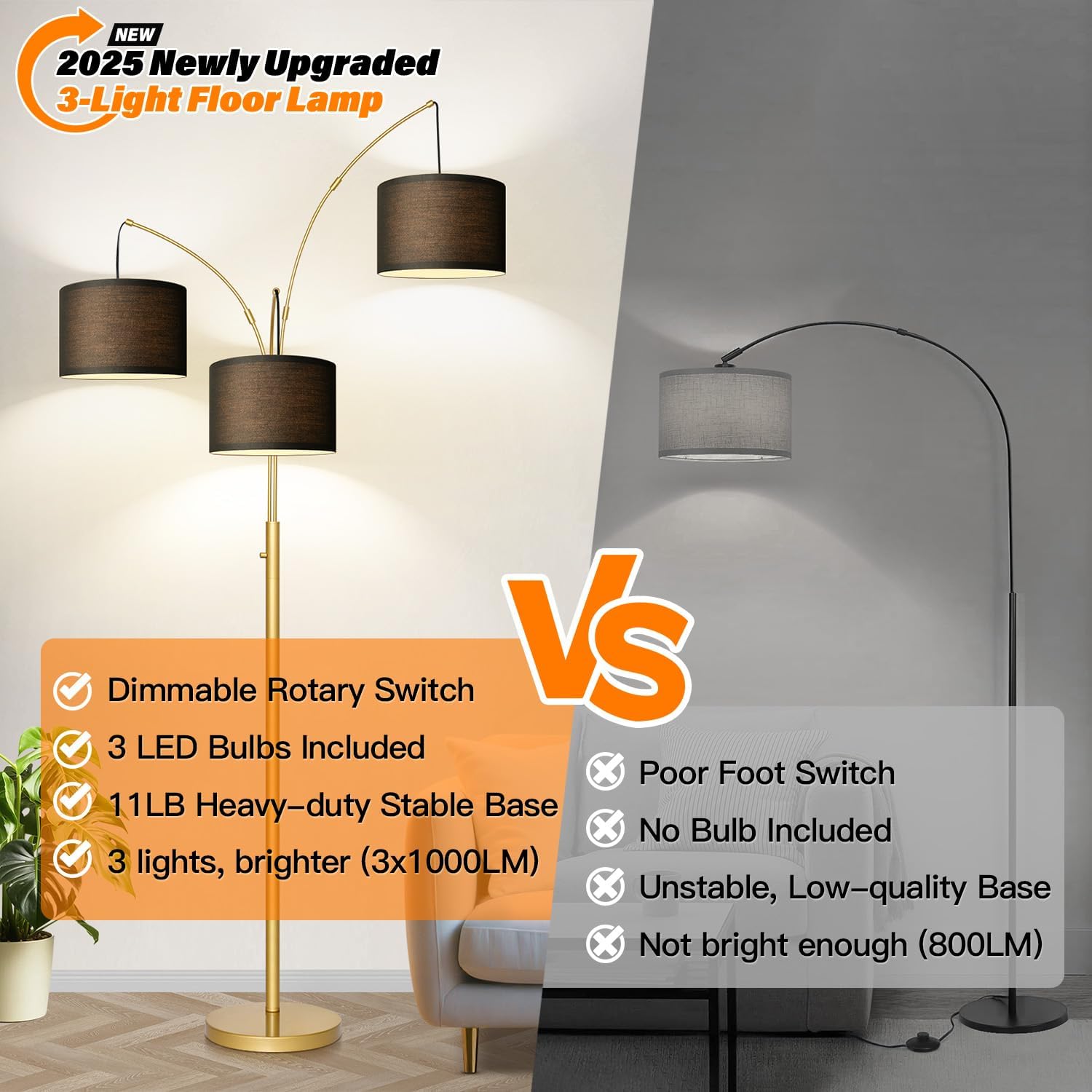 Dimmable Floor Lamp - 3 Lights Gold Arc Floor Lamps for Living Room, 1000LM Modern Tall Standing Lamp With Black Shades&Heavy Base, Mid…
