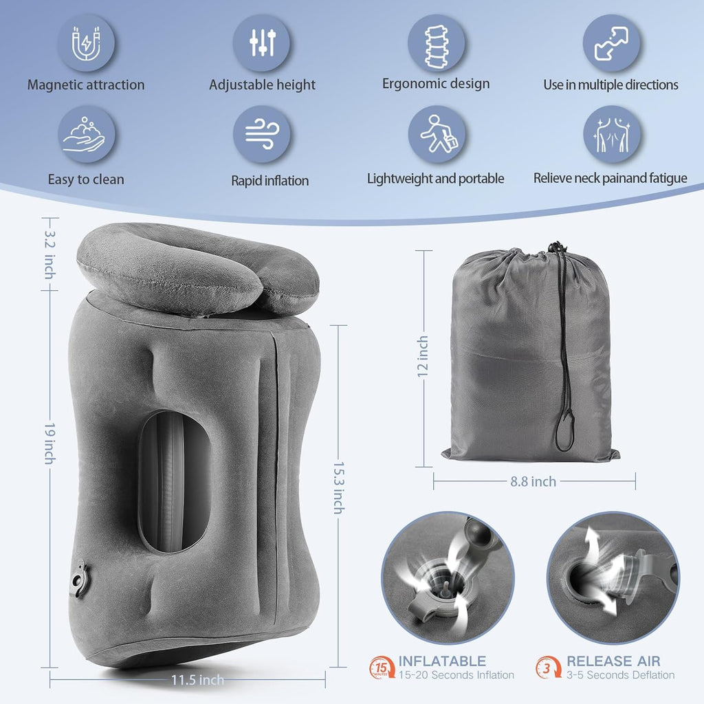 2-in-1 Magnetic Design Inflatable Travel Pillow, Ergonomic Neck Support Airplane Pillow for Flying, Compact Camping Pillow with Storage…