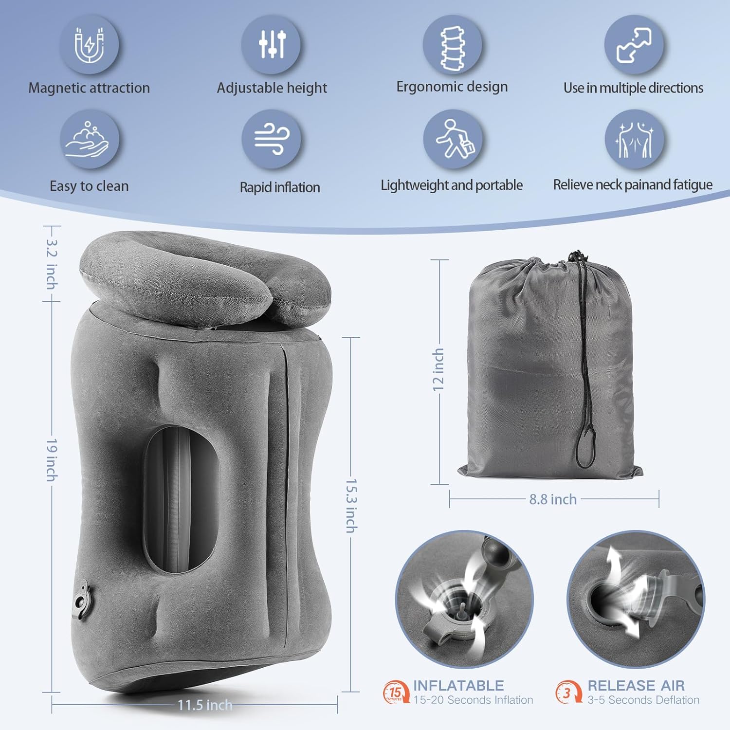 2-in-1 Magnetic Design Inflatable Travel Pillow, Ergonomic Neck Support Airplane Pillow for Flying, Compact Camping Pillow with Storage…