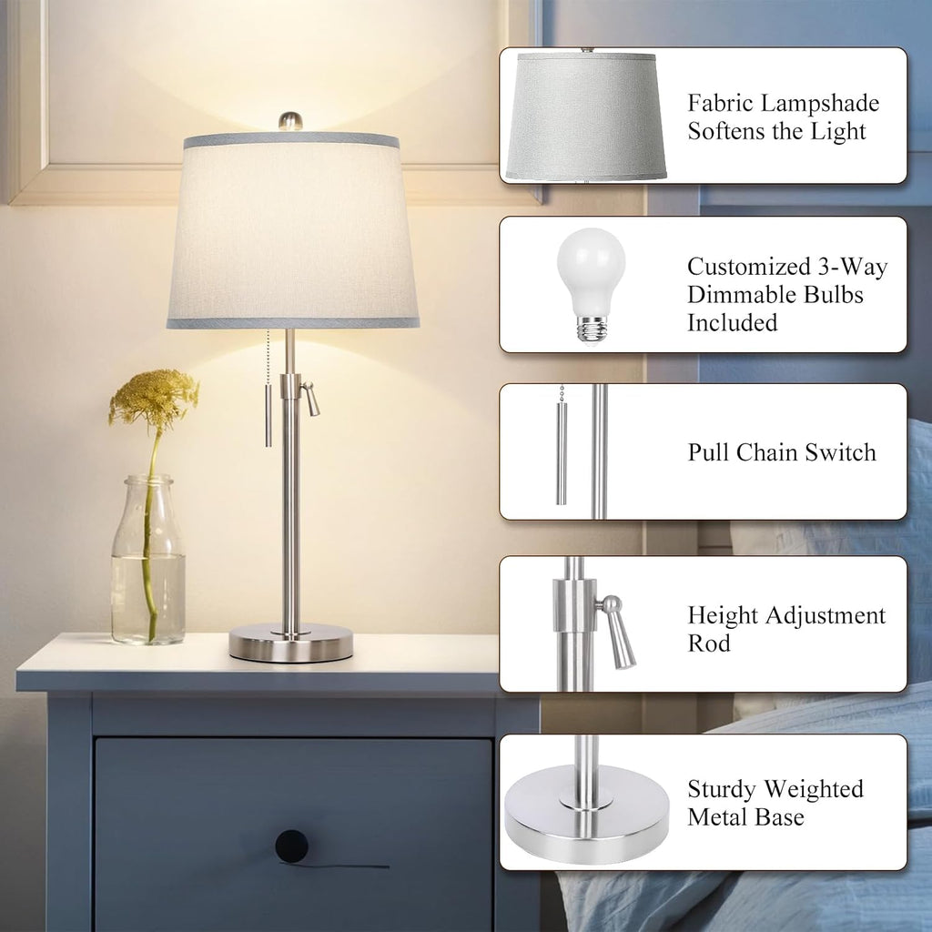 JUNNAI Table Lamps Set of 2, Bedside Lamp Silver Tall Table Lamps for Living Room End Tables, 22" to 30" Adjustable Height Lamp for…