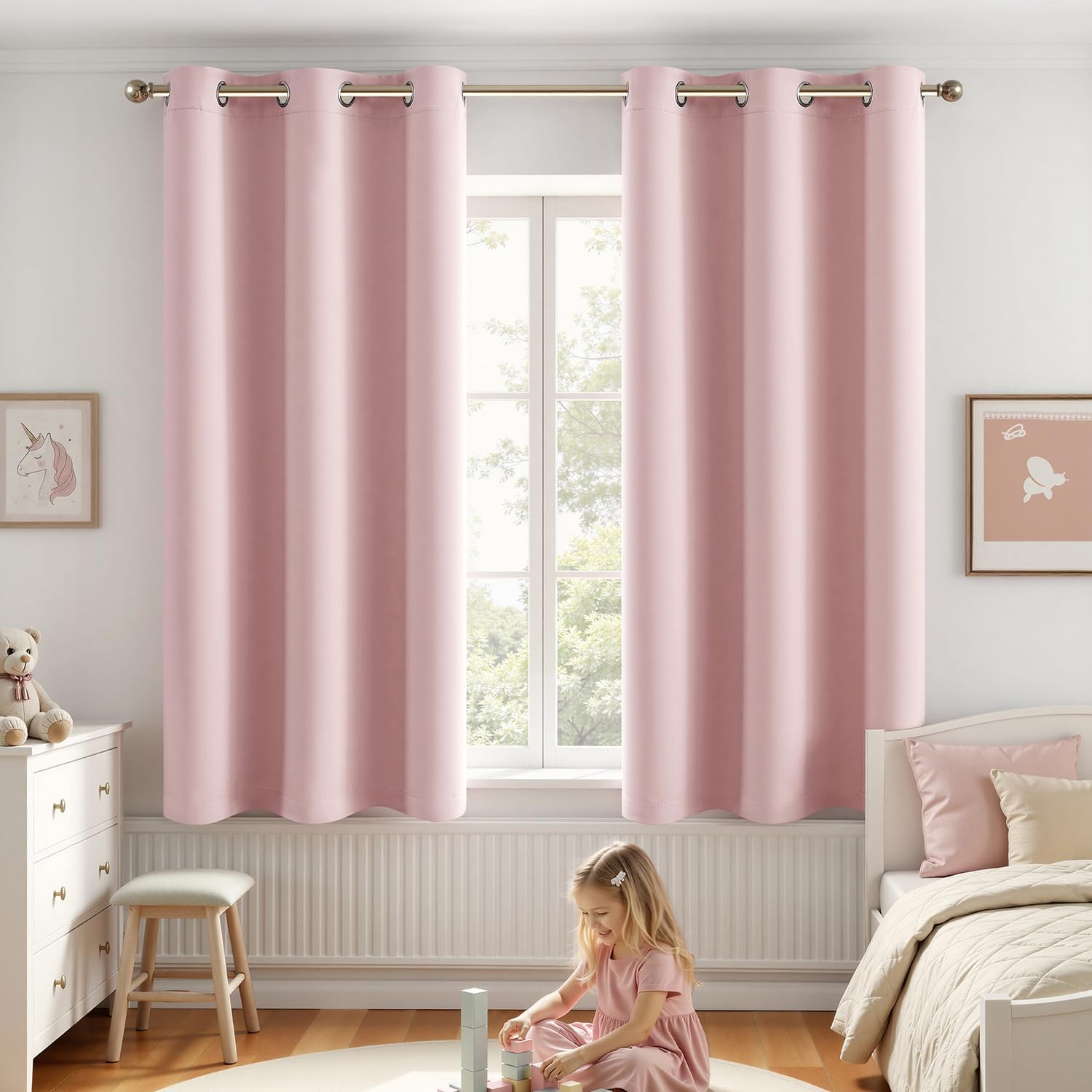 Miulee Baby Pink 100% Blackout Curtains for Girls Bedroom 63 Inch Long, 2 Thick Layers Thermal Insulated Nursery Black Out Window Curtains…