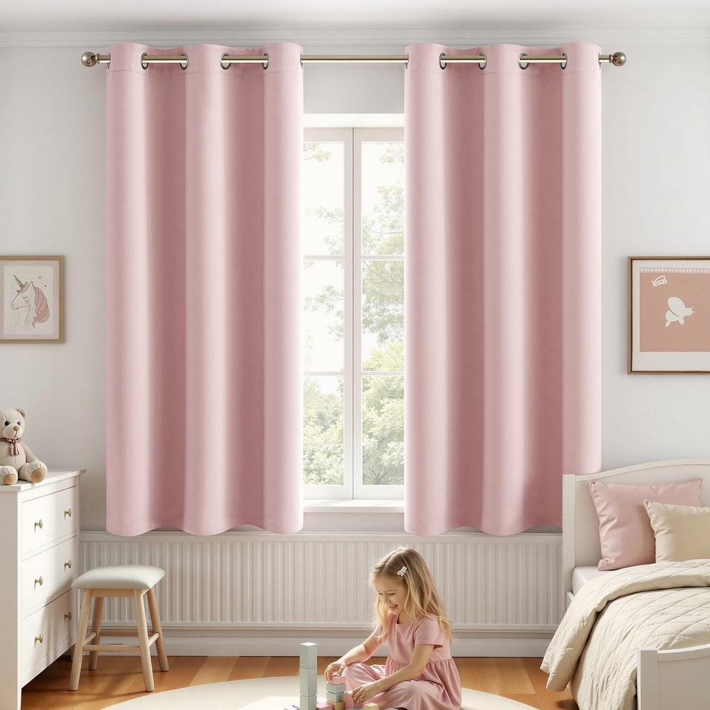 Miulee Baby Pink 100% Blackout Curtains for Girls Bedroom 45 Inch Length, 2 Thick Layers Thermal Insulated Nursery Short Window Curtains wi…