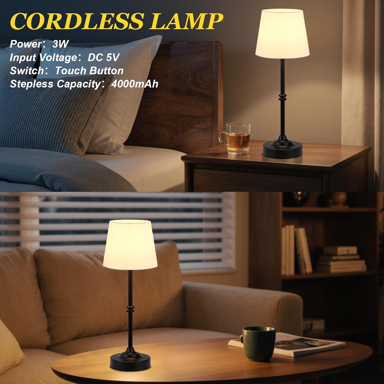 Kakanuo Rechargeable Cordless Table Lamp Black - 2 Pack 4000mAh Battery Operated Lamp, 3000K Warm Light, Touch Control Stepless Dimming…