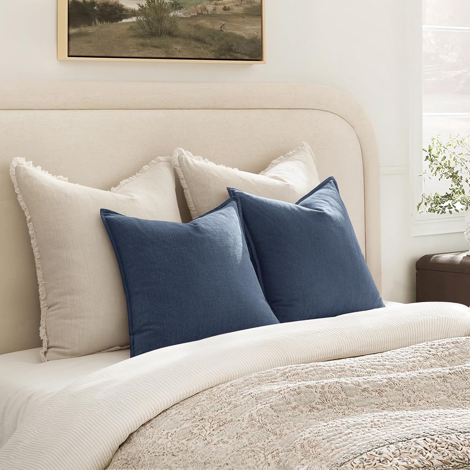 Anroduo Pack of 2 Decorative Linen Pillow Covers Navy Blue Neutral Farmhouse Boho Soild Cushion Case Soft Accent Pillowcase for Couch Sofa…