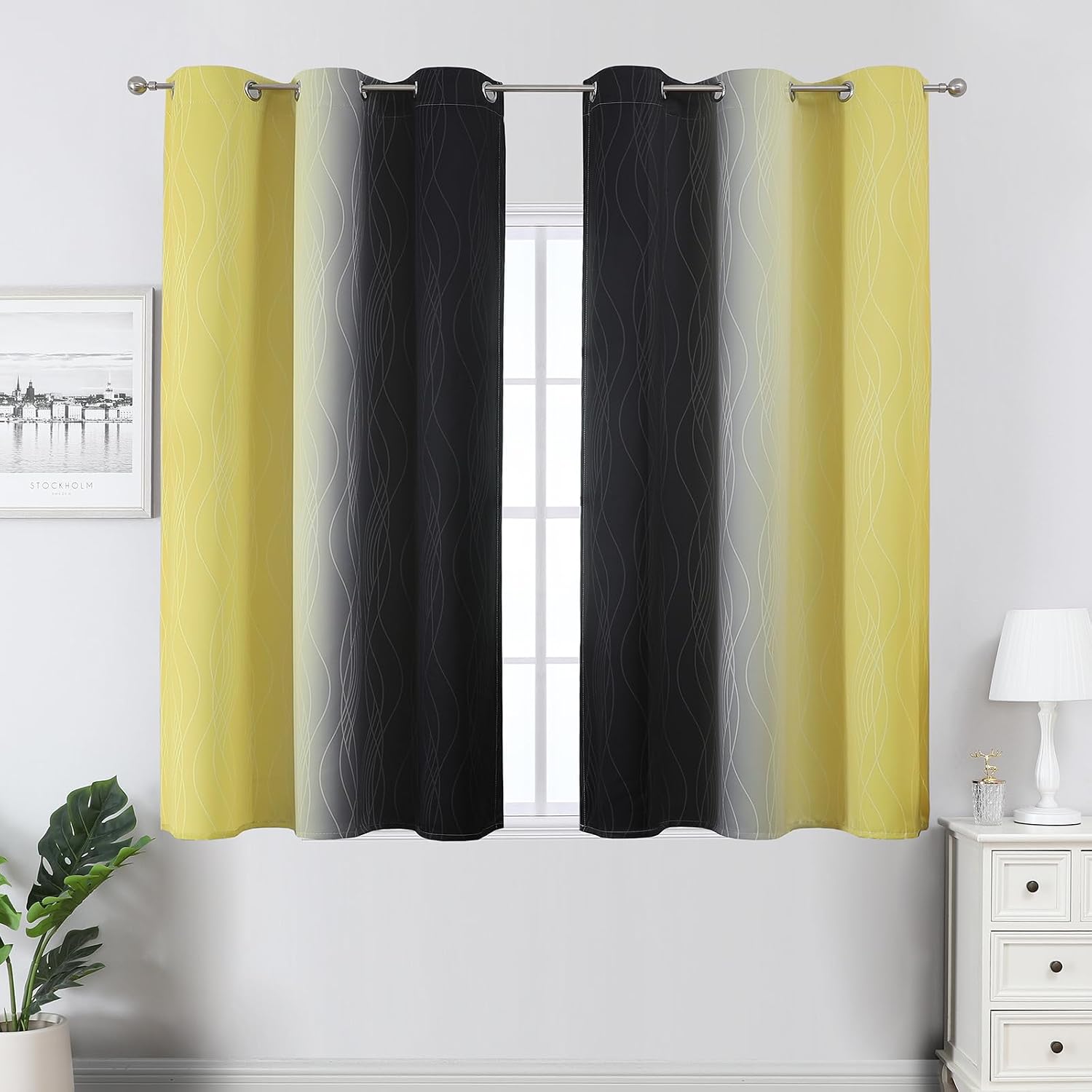 Estelartextiler Estelar Textiler Yellow and Black Ombre Blackout Curtains 54 Inch Length, Full Room Darkening Gradient Drapes for Kitchen,…