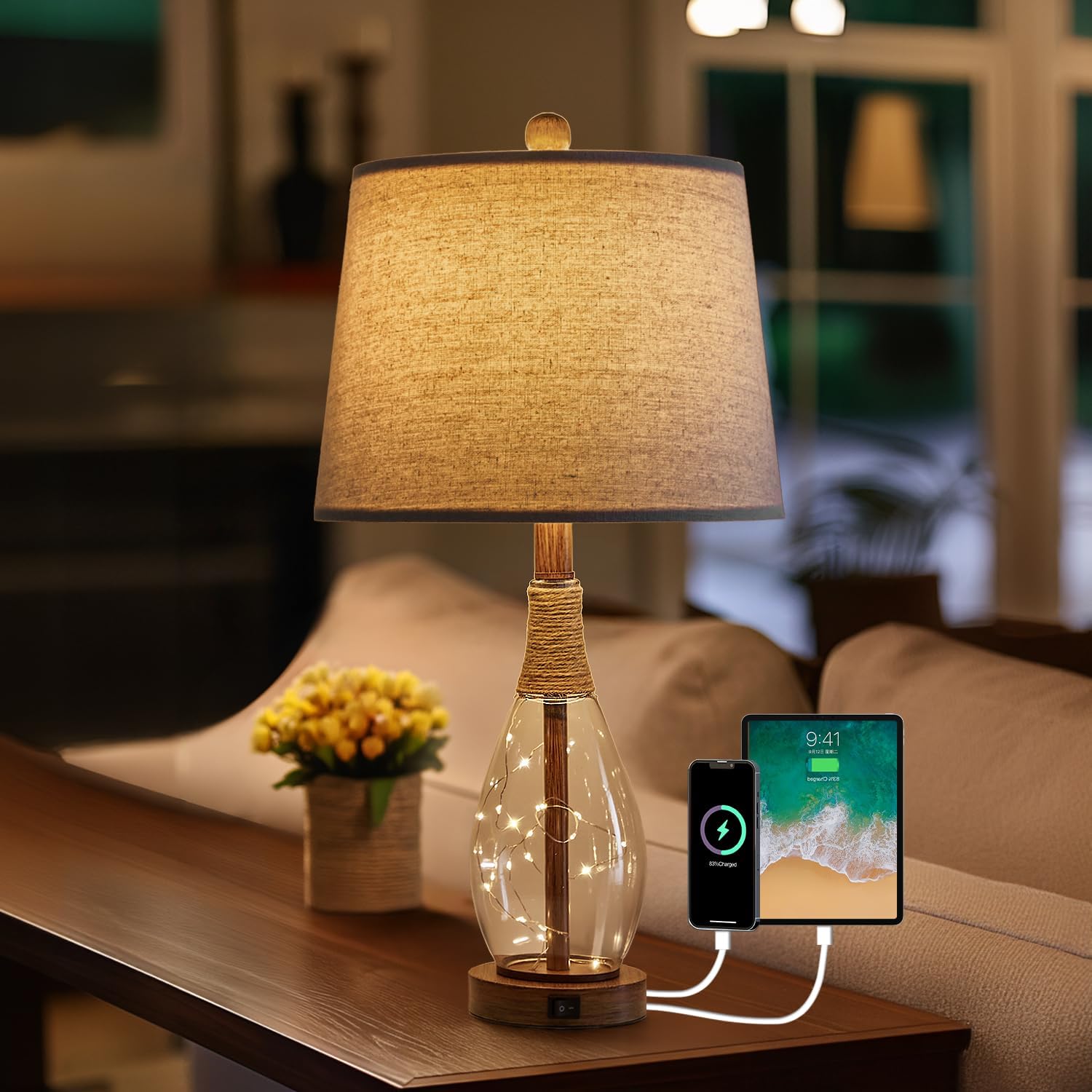 OYEARS 23" USB A+C Table Lamp for Bedroom Living Room Modern Bedside Lamps Retro Farmhouse Rattan Glass Nightstand Nightlight Lamps, Two…