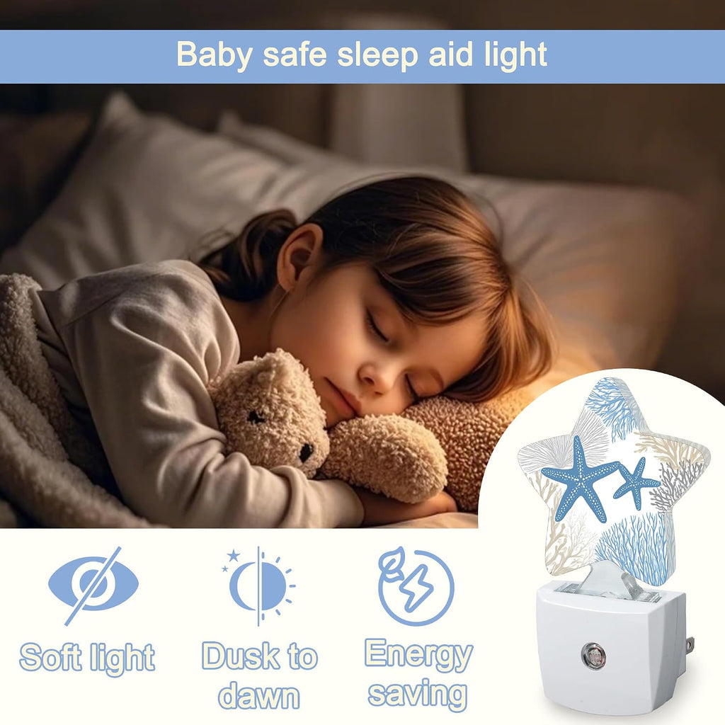 Snowmolle Ocean Starfish Coral Night Light, Coastal Beach Plug-in Star Night Lights with Dusk-to-Dawn Sensor for Bedroom, Bathroom, Living Roo…