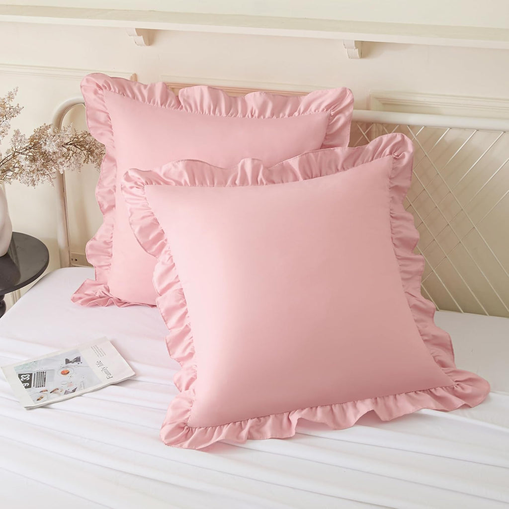 KKJIAF Ruffle Pillow Cases 24x24 Inches, Light Pink Square Ruffled Pillow Covers Set of 2, Microfiber Wrinkle Resistant Pillow Shams with…