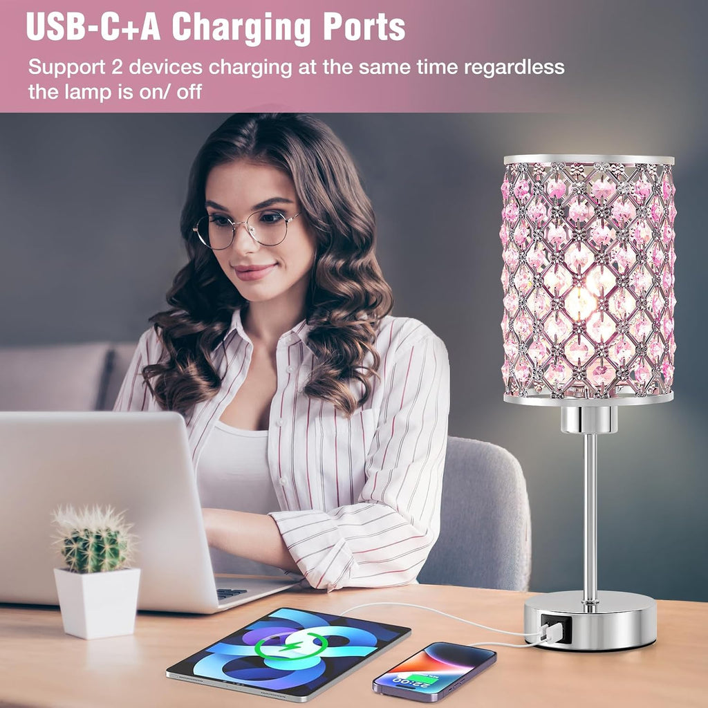 GyroVu Crystal Table Lamp, Pink Touch Lamp with USB C+A Ports, Dimmable Lamp with Crystal Shade, Bedside Lamp Small Lamp for Girl…