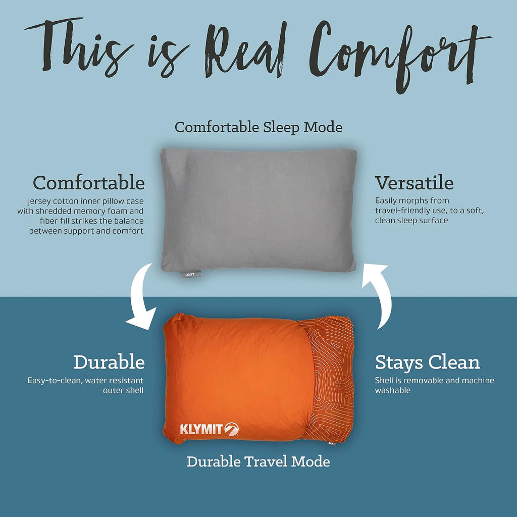Klymit Drift Camping Pillow, Shredded Memory Foam Travel Pillow with Reversible Cover for Outdoor Use, Green, Regular