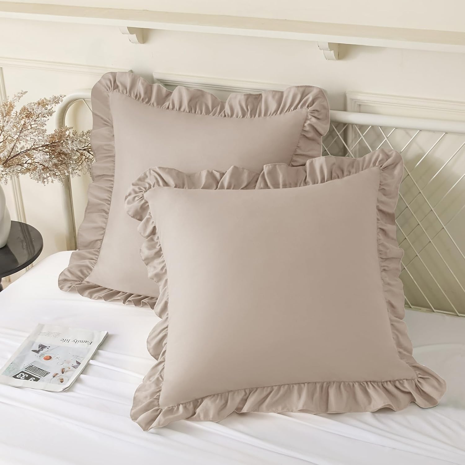 KKJIAF Ruffle Pillow Cases 26x26 Inches, Khaki Square Ruffled Pillow Covers Set of 2, Microfiber Wrinkle Resistant Pillow Shams with…
