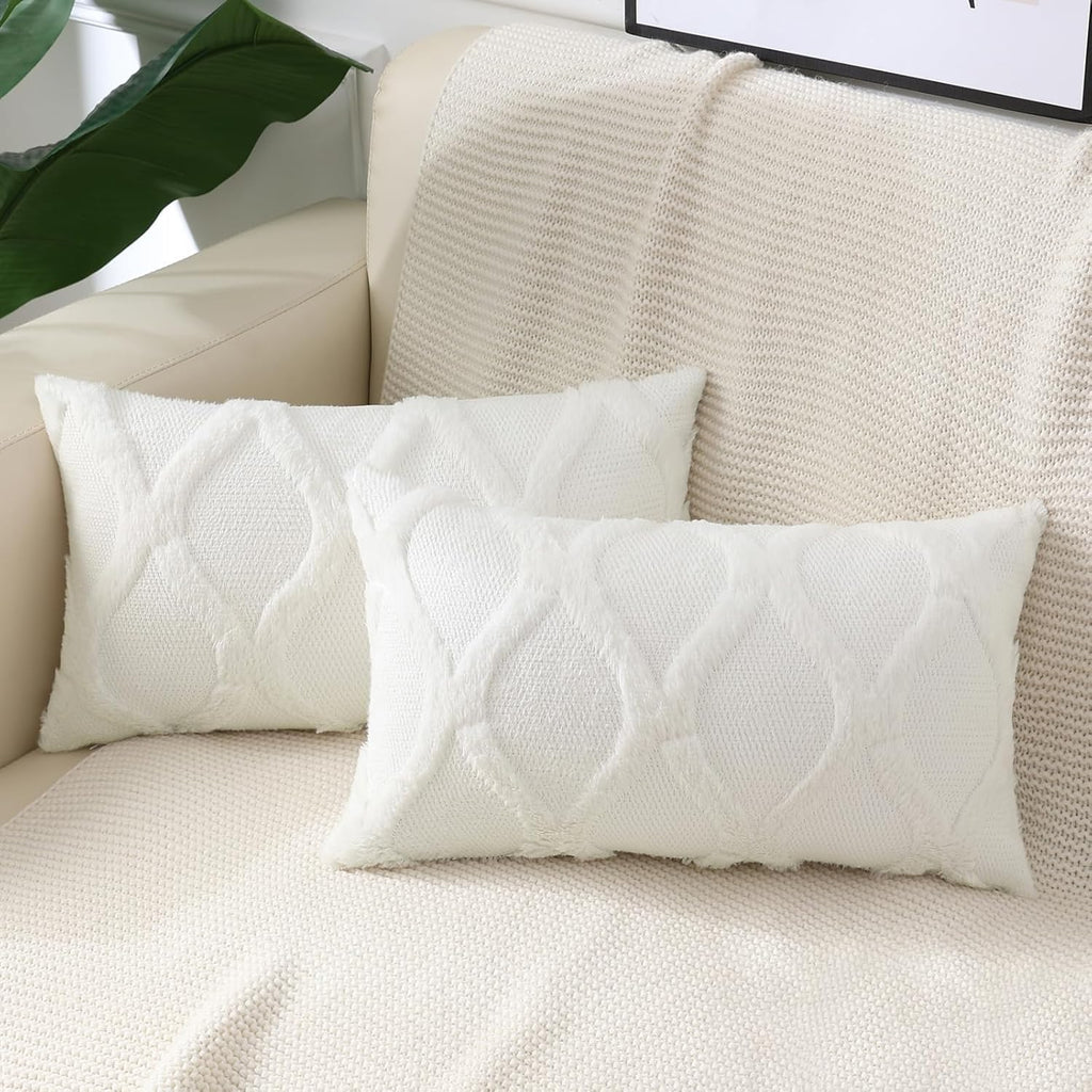 decorUhome Summer Throw Pillow Covers 12x20 Inch Set of 2, Soft Plush Faux Fur Wool Lumbar Cream White Accent Couch Pillow Covers for Moder…