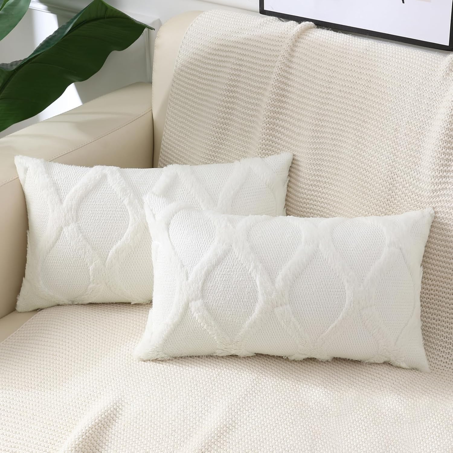 decorUhome Summer Throw Pillow Covers 12x20 Inch Set of 2, Soft Plush Faux Fur Wool Lumbar Cream White Accent Couch Pillow Covers for Moder…
