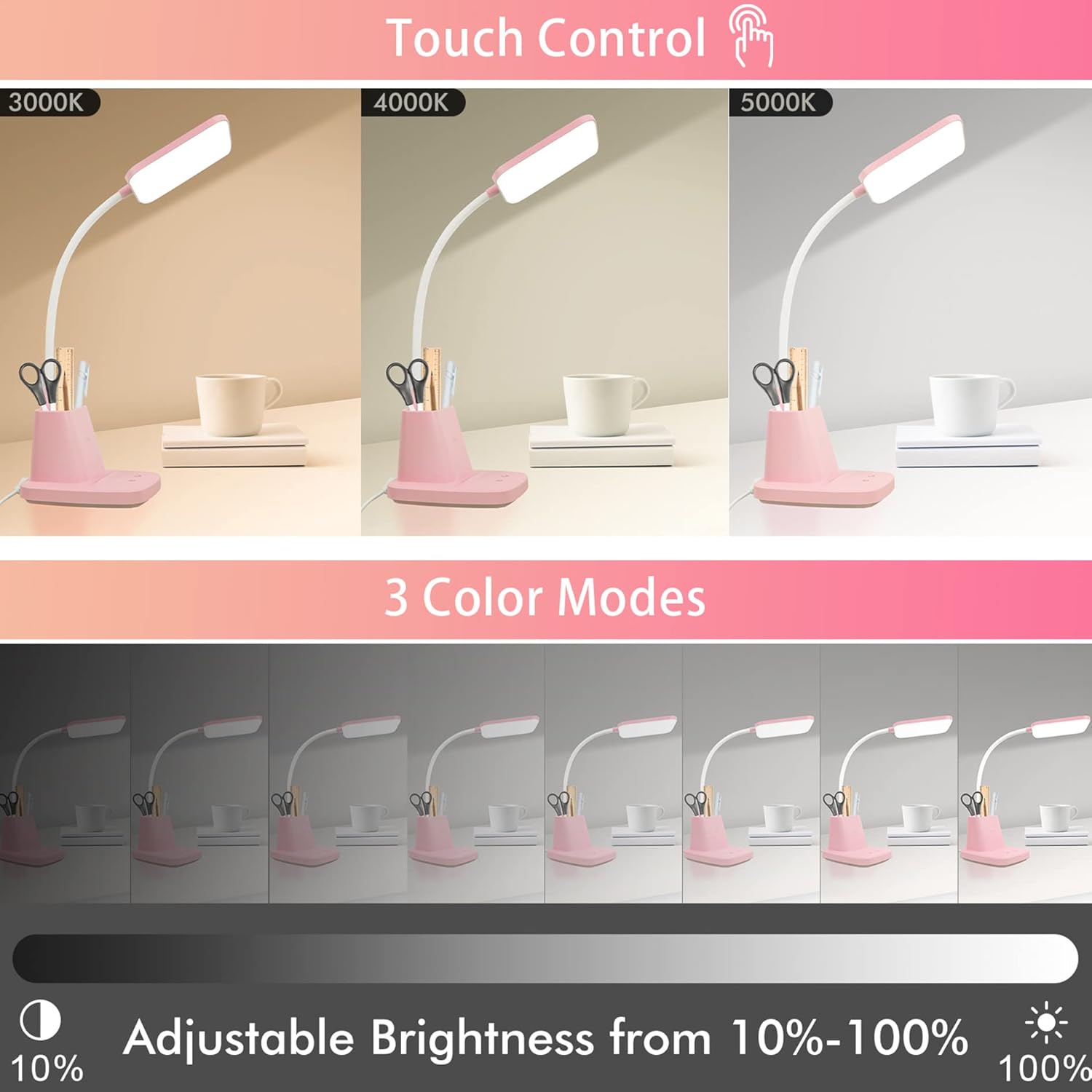 Pink Desk Lamp, Small Desk Lamp with Pen Holder, Wireless Charger LED Desk Lamps for Home Office, Kids Desk Lamps 800LM Flexible Arm 3…