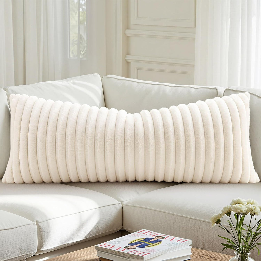 decorUhome Summer Cozy Faux Fur Throw Pillow Covers 14x36 Set of 1 Decorative Soft Plush Striped Lumbar Modern Farmhouse Boho Couch Pillow…
