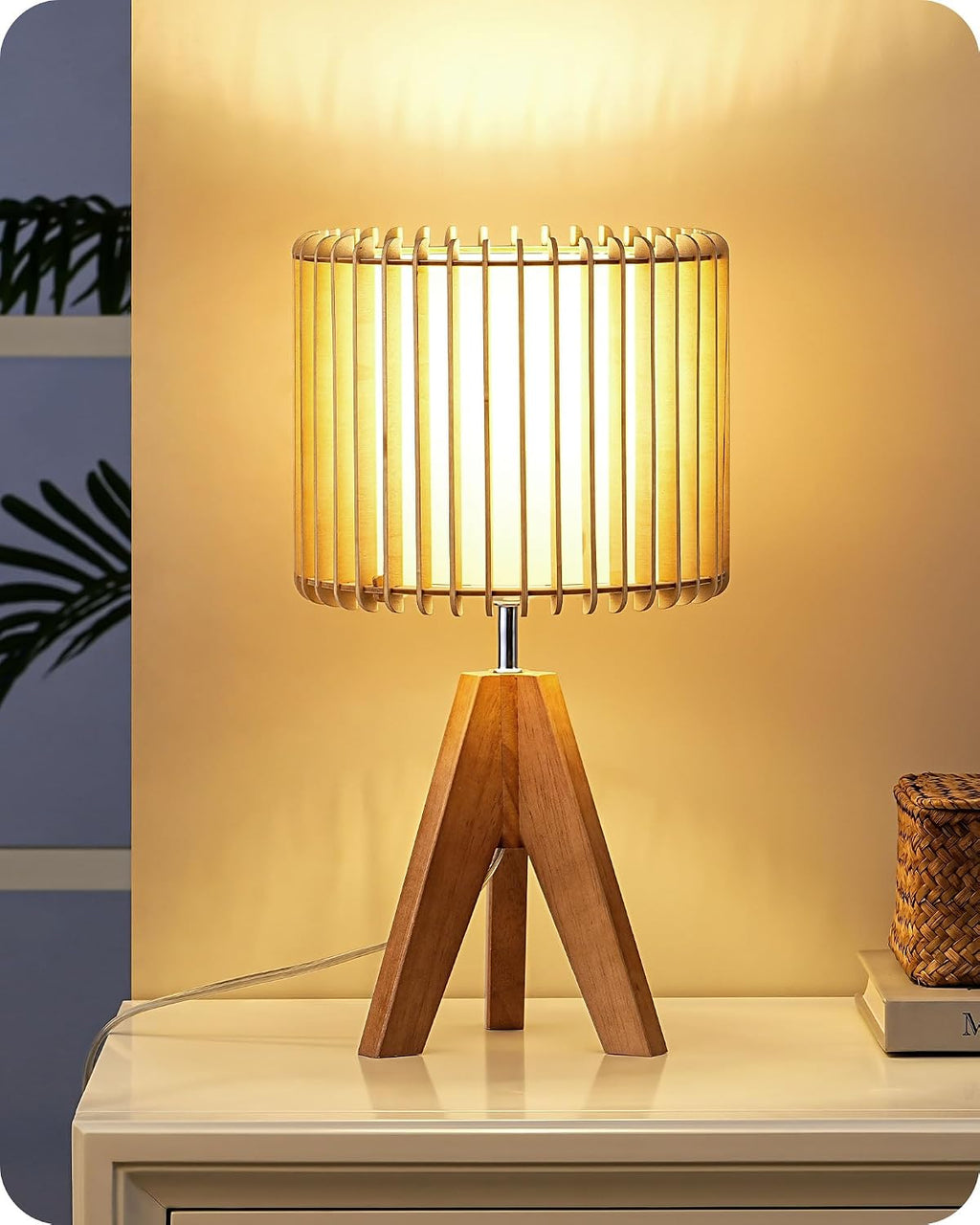 Edishine 14.17" Small Table Lamp, Wood Tripod Bedside Lamp, Natural Wood-Colored Hollow & White PVC Shade, E26 Base, Boho Nightstand Lamp f…