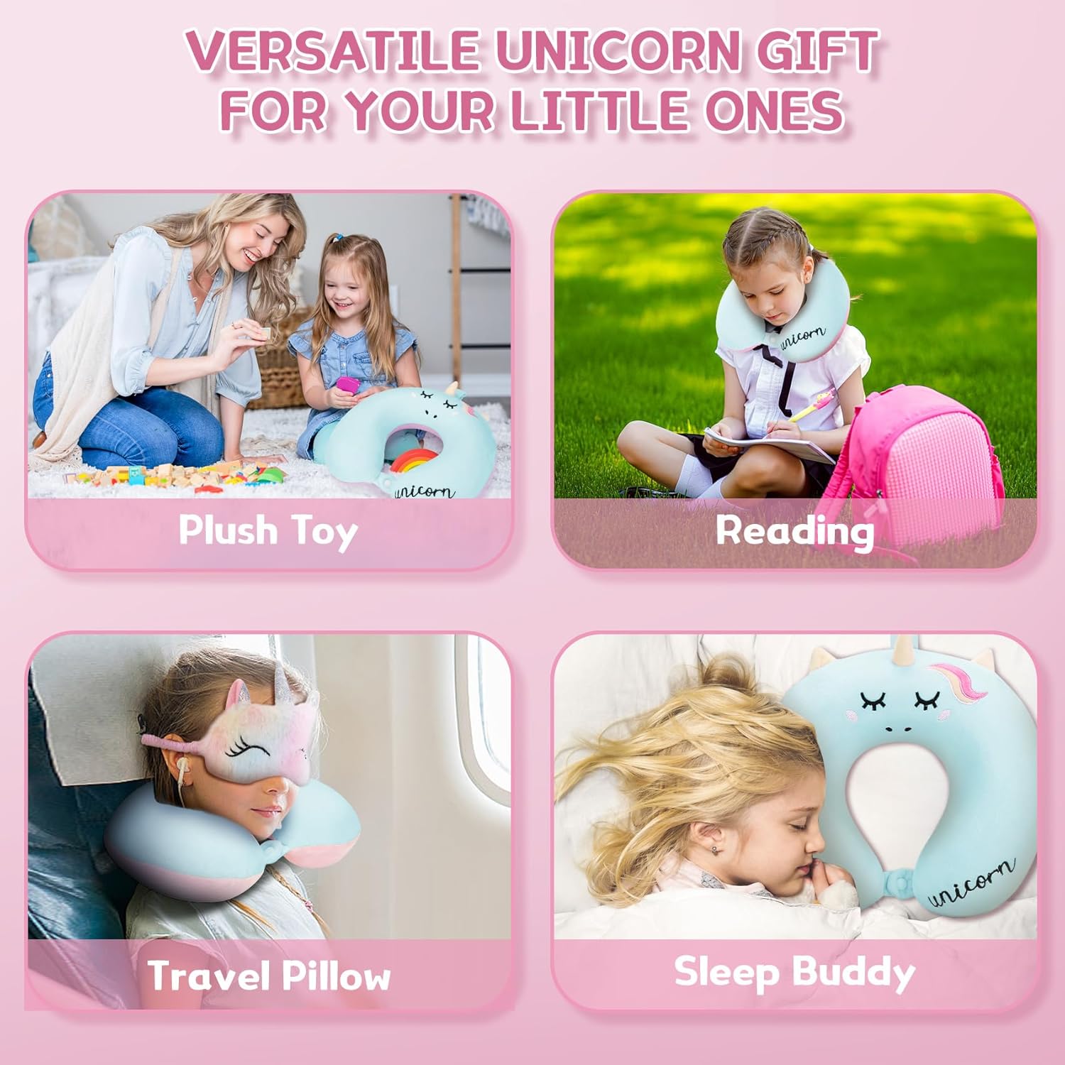 Toddler Neck Pillow, Kids Travel Neck Pillow for Traveling with Eye Mask, Toddler Cute Unicorn Airplane Travel Essentials, Memory Foam…