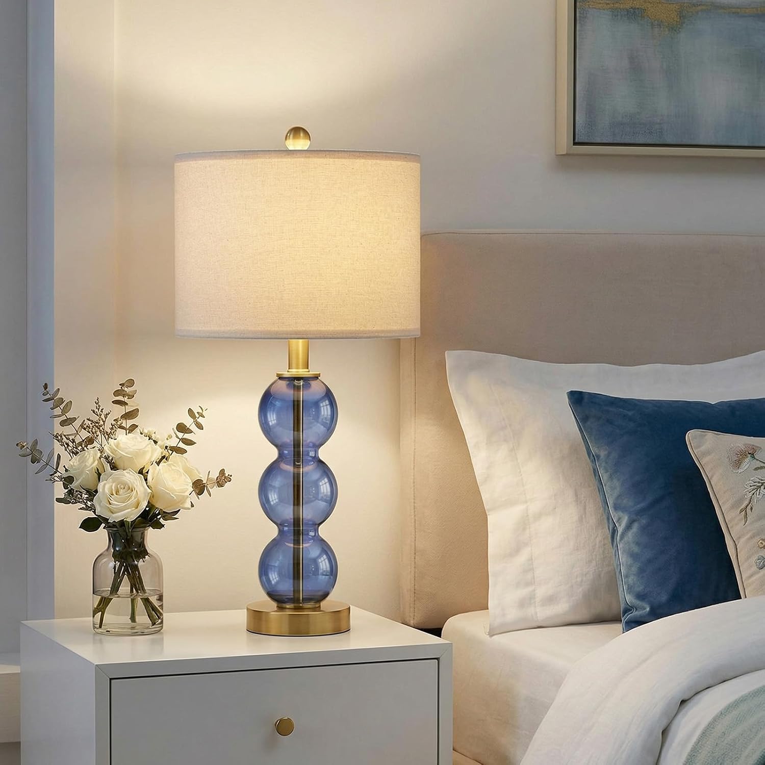 Oneach 25" Blue Table Lamps for Living Room, Glass Modern Table Lamp Set of 2, USB Charging Ports, Linen Shade, Bedside Lamps for Bedroom,…