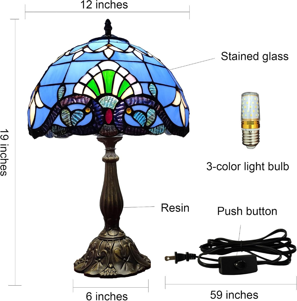 Tiffany Table Lamp 12X12X19 Inch Stained Glass Lamp Blue Baroque Style Antique Bedside Desk Nightstand Light for Bedroom Living Room Home…