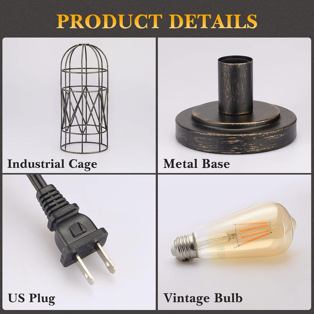 Industrial Table Lamp, Small Touch Lamp with Rustic Cage Vintage Bedside Lamp 3 Way Dimmable Nightstand Lamp Edison Desk Lamp for…
