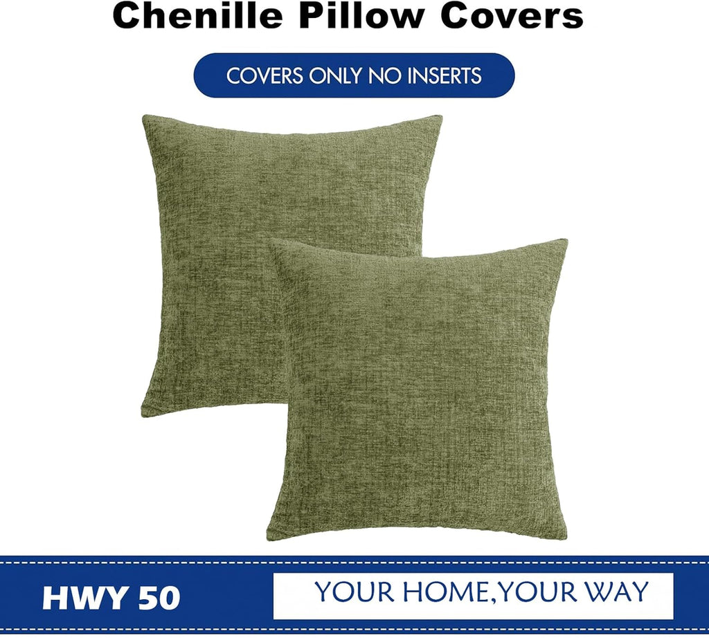 Hwy50 HWY 50 Sage Green Couch Pillow Covers 22x22 Inch Pack of 2, Soft Chenille Decorative Throw Pillow Cases Farmhouse for Spring Sofa Liv…