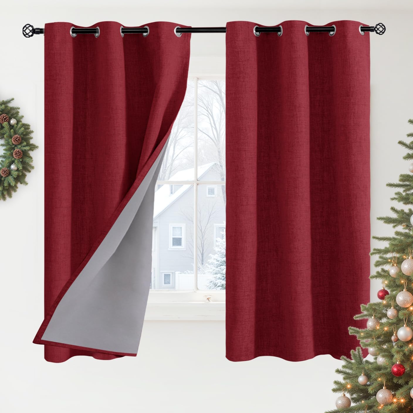 YoungsTex Burgundy Linen Blackout Curtains 40 Inches Long, Short Thermal Insulated Drapes with Grommet Darkening for Bedroom Window, 2 Pane…