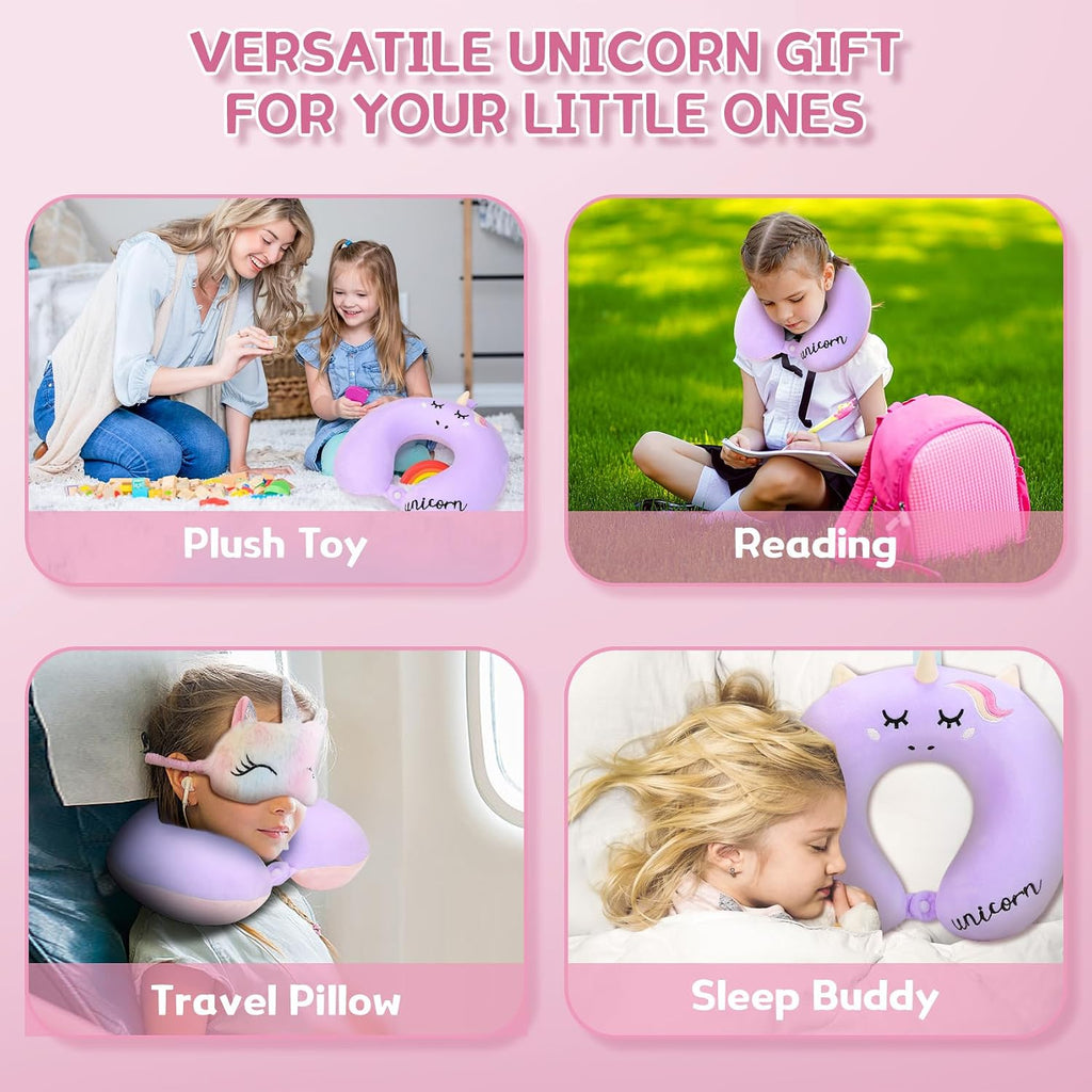 Kids Neck Pillow for Traveling, Unicorn Kids Travel Pillow with Eye Mask, Toddler Travel Essentials for Road Trip Airplane Flight Car…