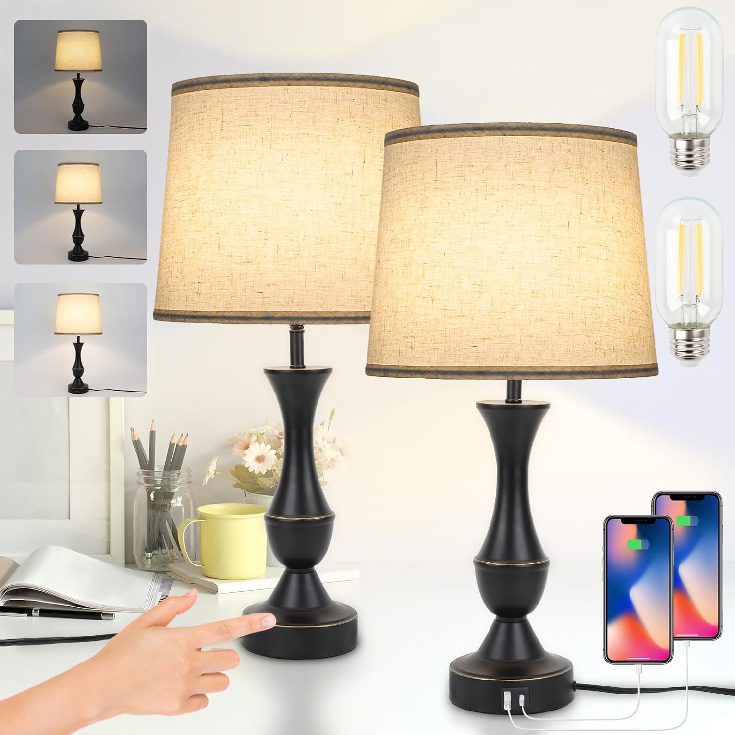 LALISU Touch Lamps for Bedrooms Set of 2, Farmhouse Table Lamp with USB C Charging Port, 3 Way Dimmable Nightstand Lamps with Linen…