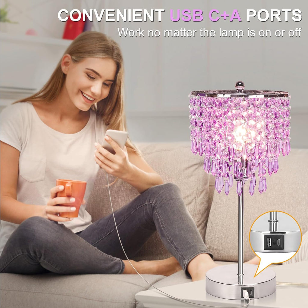 USB Bedside Crystal Lamp, 3 Way Dimmable Touch Nightstand Lamp with Dual USB Charging Ports, Lavender Table Lamp Decorative Accent Lamp…