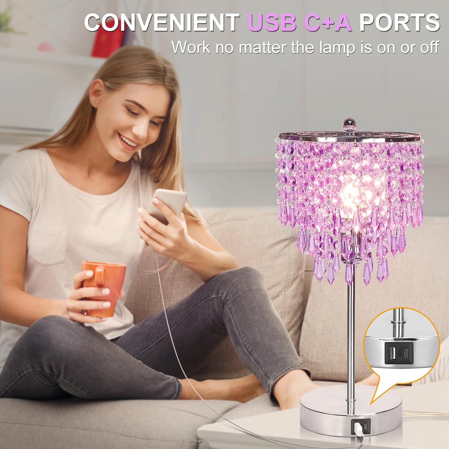 USB Bedside Crystal Lamp, 3 Way Dimmable Touch Nightstand Lamp with Dual USB Charging Ports, Lavender Table Lamp Decorative Accent Lamp…