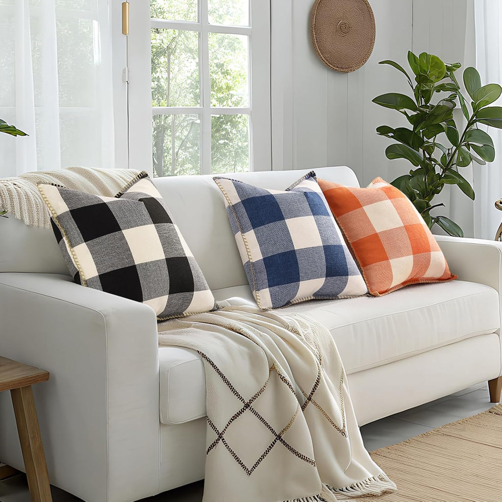 decorUhome Summer Buffalo Plaid Check Throw Pillow Covers 16x16 Set of 2 Outdoor Linen Decorative Farmhouse Gingham Pillow Covers with Stit…