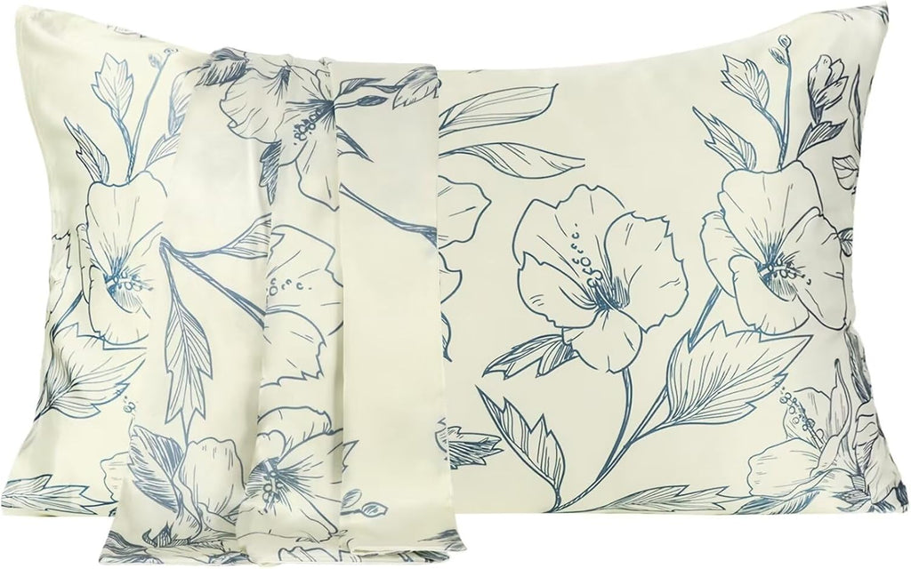 MANSPHIL King Size Silk Pillow Cases - Blue Floral Printed 22 Momme Mulberry Silk Top with Satin Underside Pillowcase for Hair and Skin…
