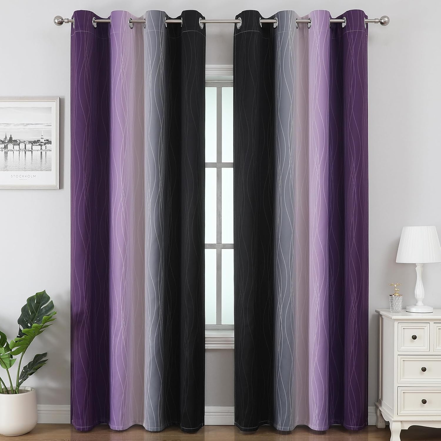 Estelartextiler Estelar Textiler Black and Purple Ombre Blackout Curtains 90 Inches Long 2 Panels Set, Thermal Insulated Gradient Drapes fo…