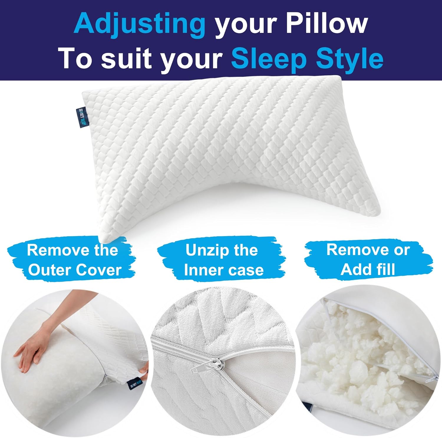 Sidney Sleep Set of 2 Queen Size Bed Pillows for Side and Back Sleepers - Adjustable Filling - Memory Foam Pillows for Neck and Shoulder…