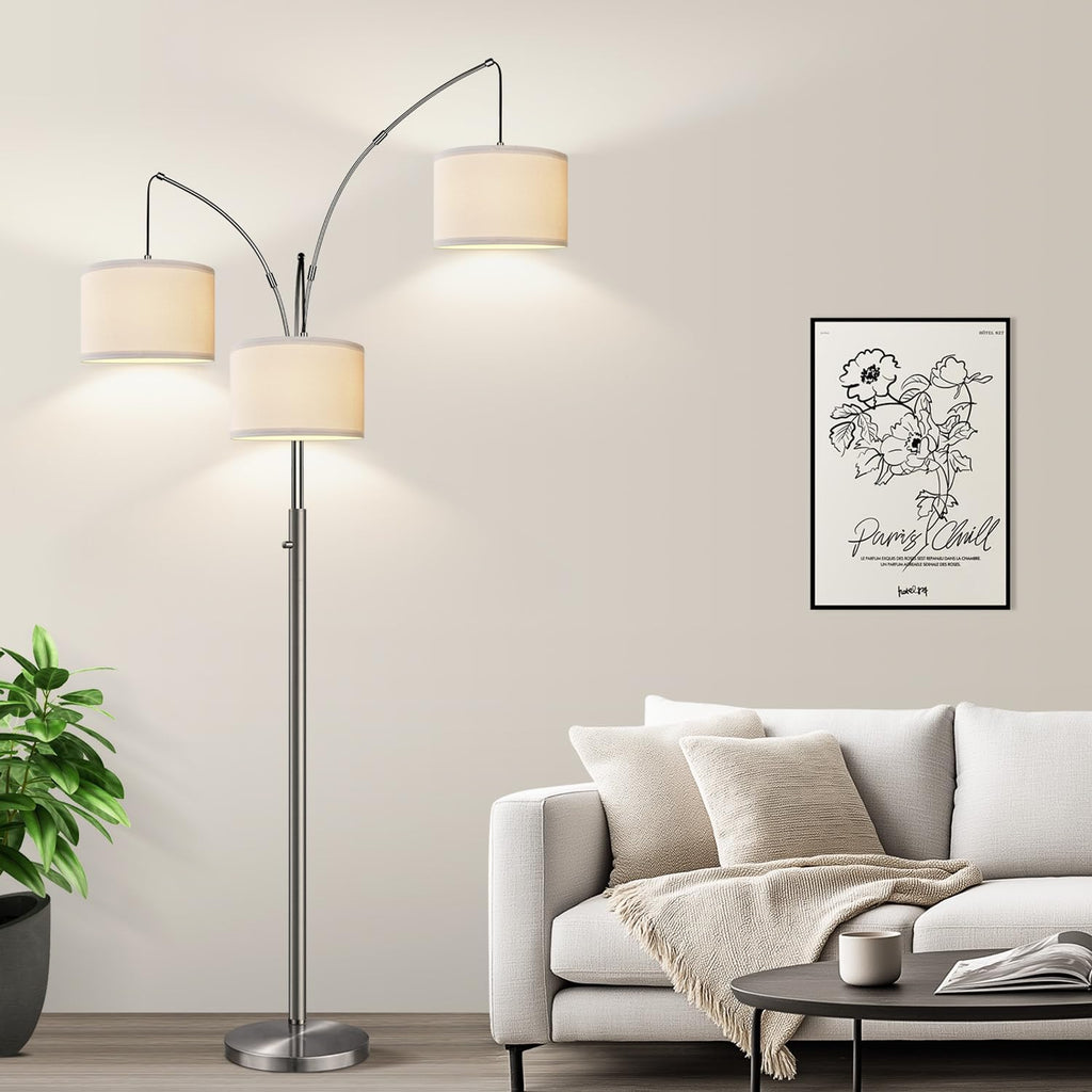 Dimmable Brushed Nickel Floor Lamp, 3 Light Arc Floor Lamp, Modern Tall Standing Tree Lamp with White Shades & Heavy Base, 3000LM Cool…