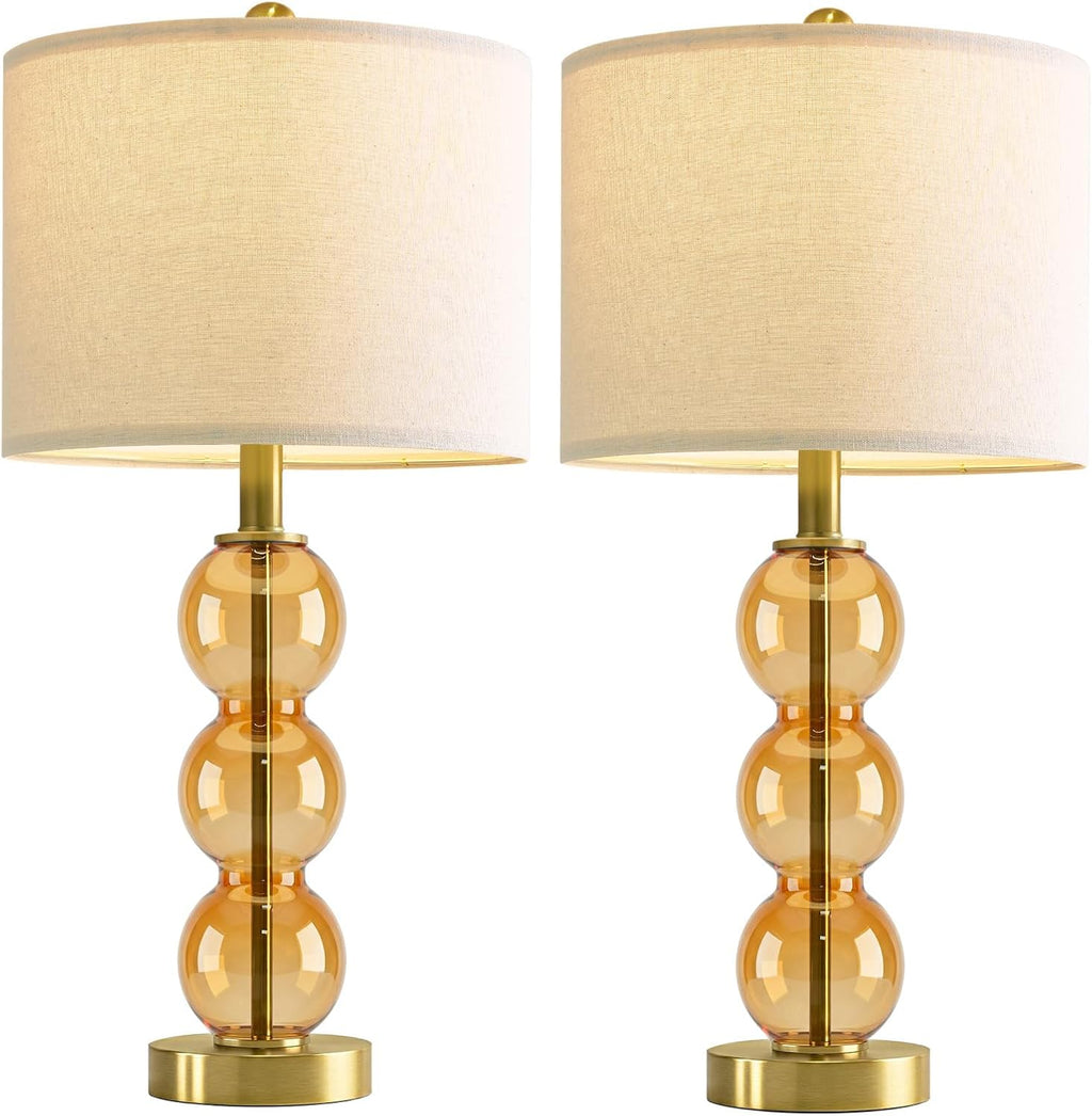 Oneach 25" Amber Glass Table Lamps for Living Room, Glass Modern Table Lamp Set of 2, USB Charging Ports, Linen Shade, Bedside Lamps for Be…